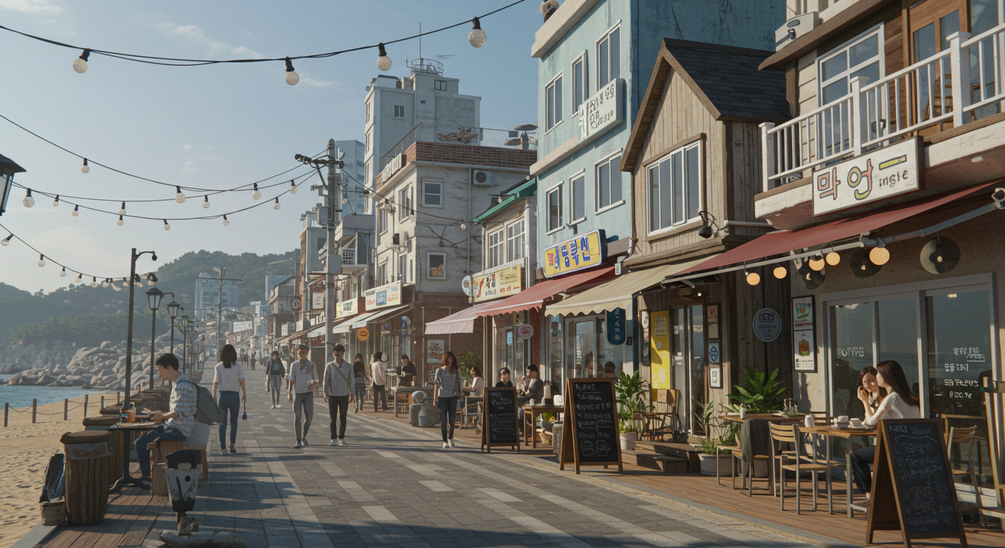 강릉 안목해변 카페거리에서 한국인들이 바다를 배경으로 카페를 즐기는 모습