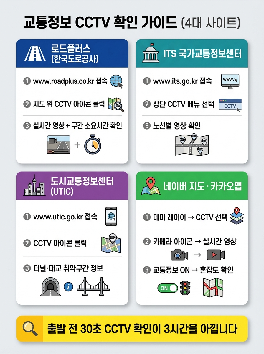 alt="고속도로 실시간 CCTV 확인 4가지 방법 인포그래픽 - 로드플러스(한국도로공사) www.roadplus.co.kr에서 지도 위 CCTV 아이콘 클릭하여 실시간 영상과 구간 소요시간 확인 / ITS 국가교통정보센터 www.its.go.kr에서 상단 CCTV 메뉴 선택하여 노선별 영상 확인 / 도시교통정보센터(UTIC) www.utic.go.kr에서 CCTV 아이콘 클릭하여 터널과 대교 취약구간 정보 제공 / 네이버 지도와 카카오맵에서 테마 레이어 CCTV 선택하여 실시간 영상 및 혼잡도 확인 - 출발 전 30초 CCTV 확인이 3시간을 아낍니다"