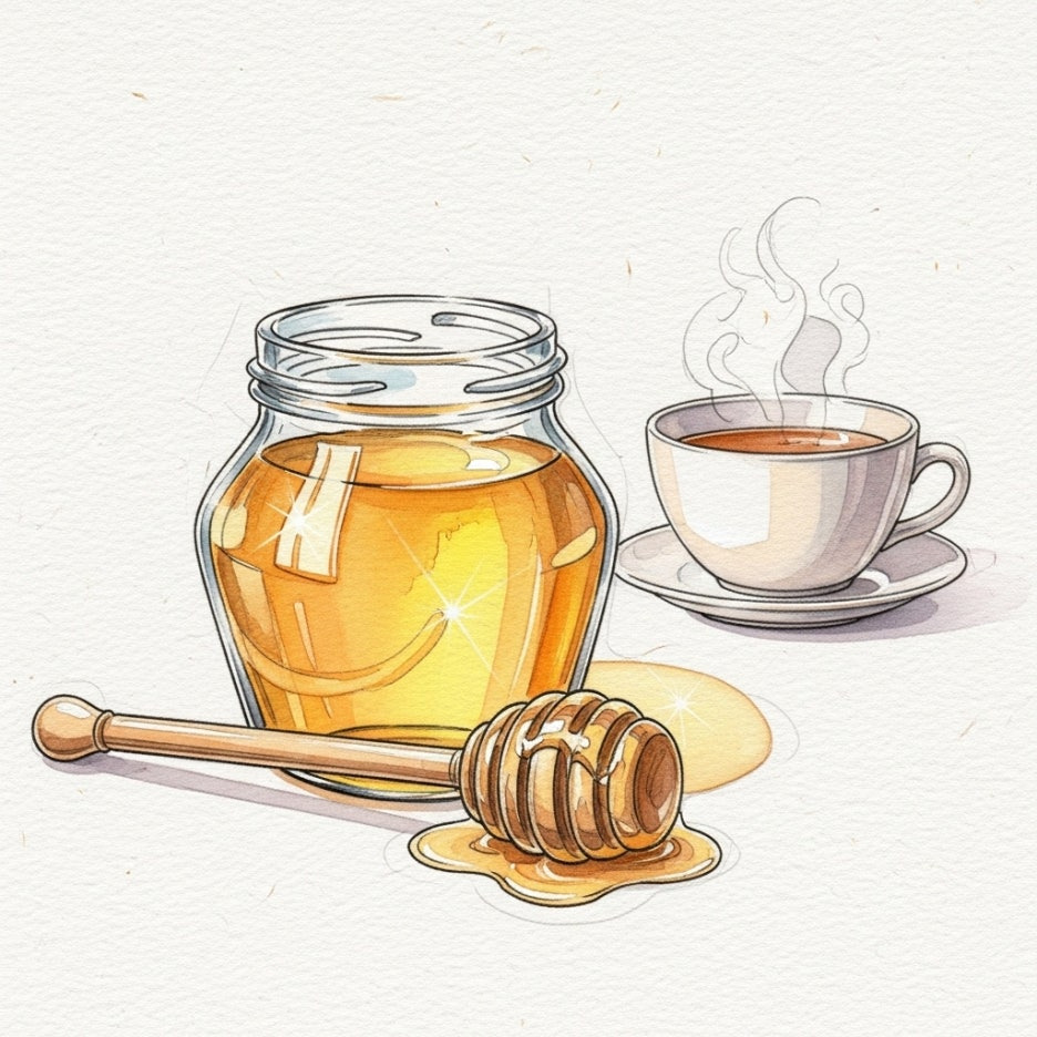 달콤한 꿀병과 따뜻한 김이 나는 찻잔의 모습