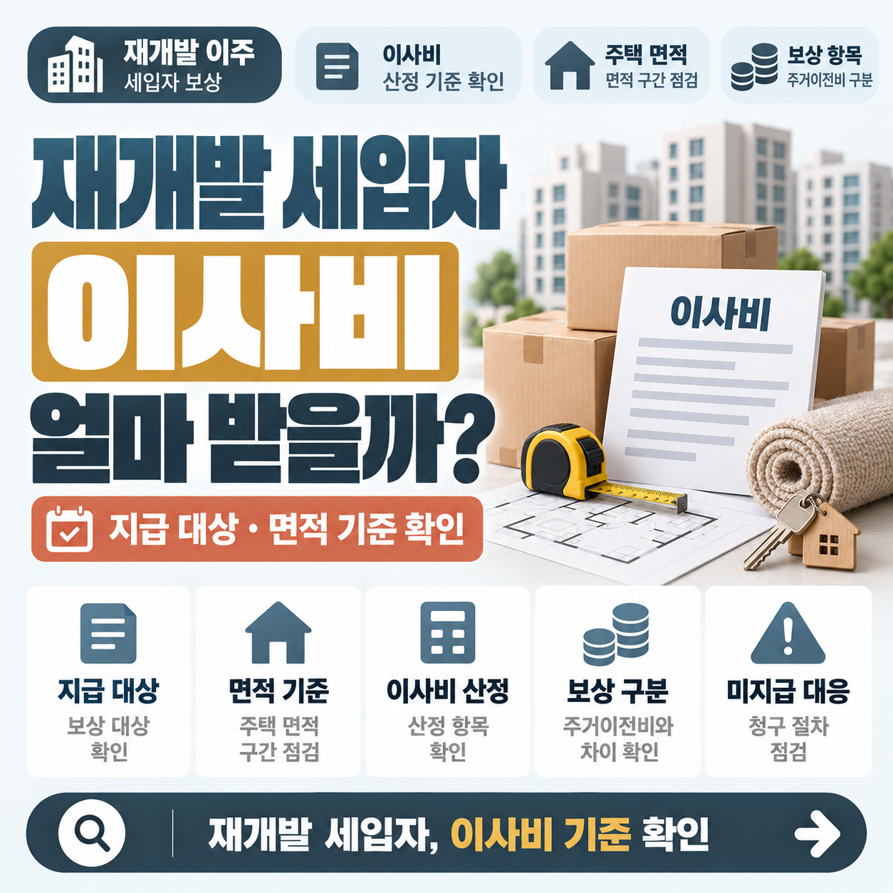 재개발 구역 이주를 앞두고 이삿짐을 싸는 세입자와 이사비 보상 기준을 보여주는 이미지