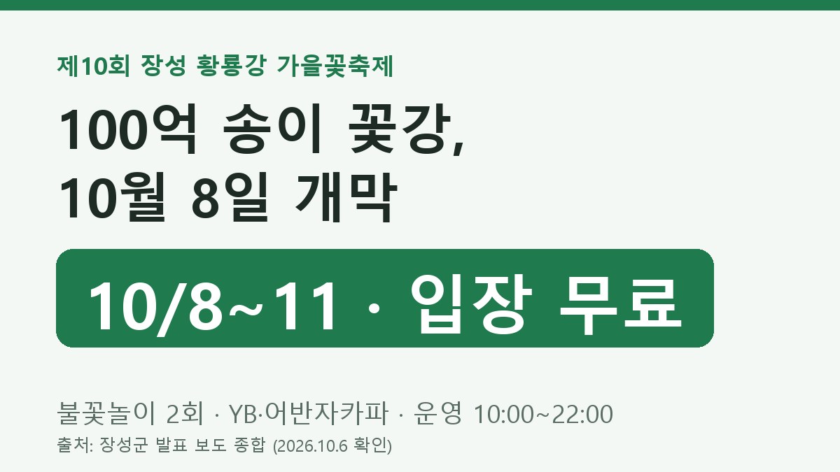2026 장성 황룡강 가을꽃축제 10월 8~11일, 입장 무료, 불꽃놀이 2회