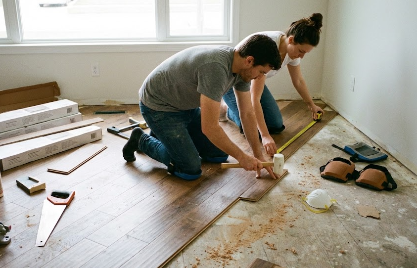 바닥 셀프 시공하는 사진