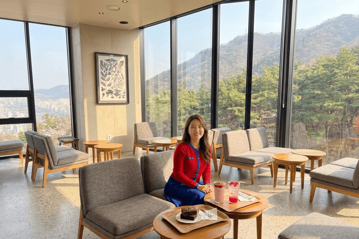 햇살이 들어오는 앞산 전망 카페 내부에 원목 테이블과 회색 의자가 배치되어 있고, 통유리창 밖으로 푸른 소나무 숲과 앞산 능선, 멀리 대구 도심이 보이는 밝은 낮의 카페 전경