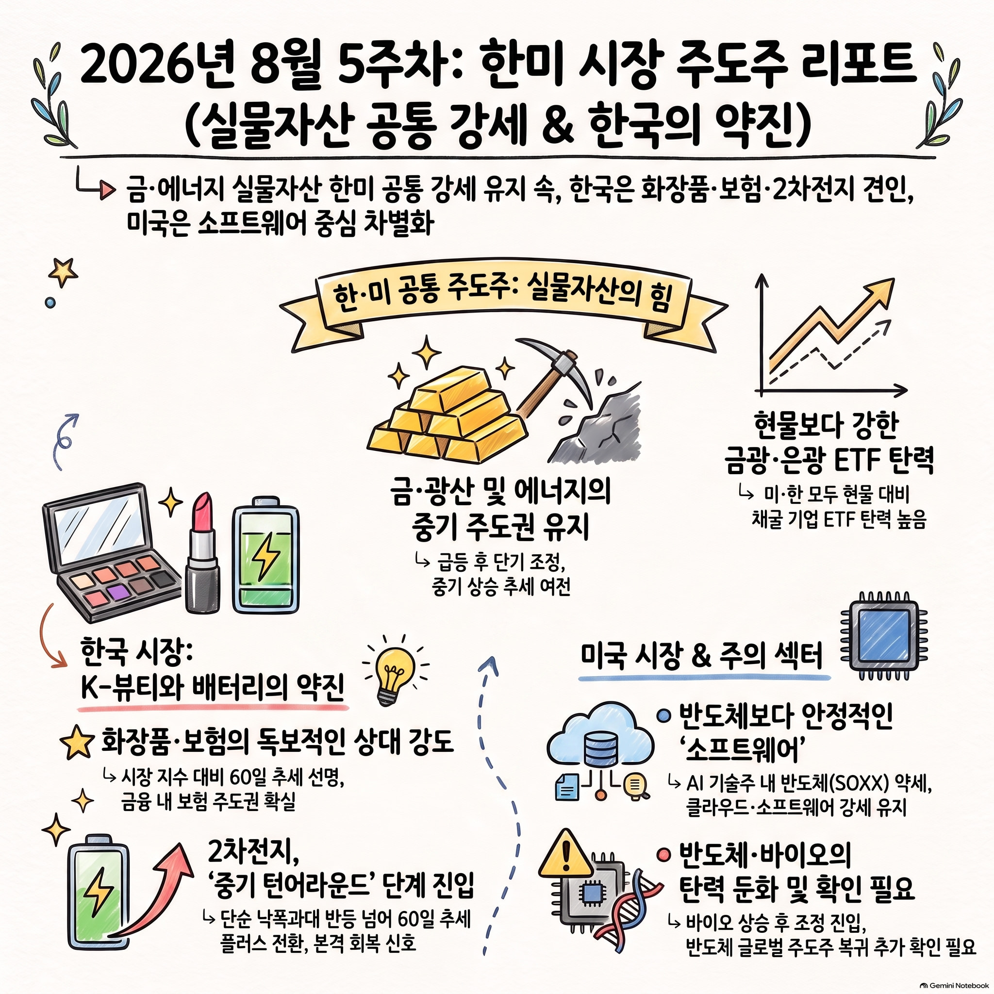 금&middot;에너지는 한미 동조, 한국은 화장품&middot;보험&middot;2차전지로 확산｜2026년 8월 5주차