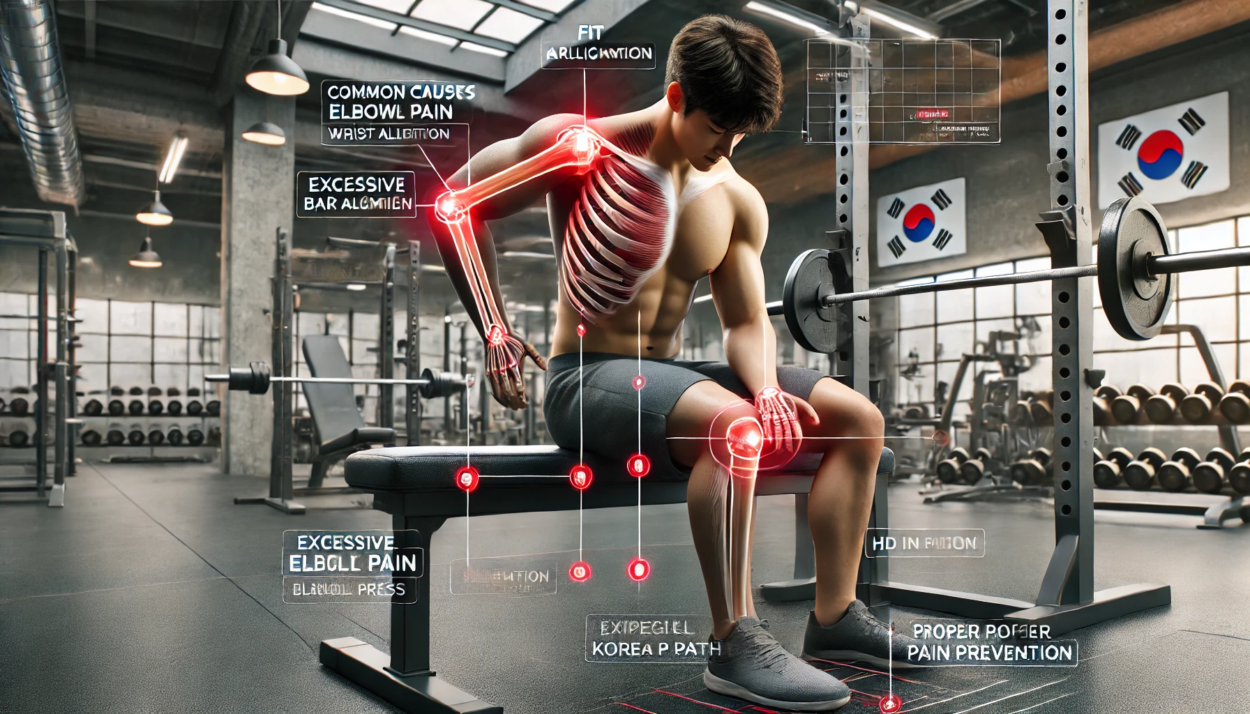 벤치프레스 중 팔꿈치 통증의 원인과 올바른 자세를 설명하는 한국형 피트니스 일러스트. 잘못된 자세에는 빨간색 경고 표시가 있으며, 올바른 자세는 녹색 가이드라인으로 강조됨.