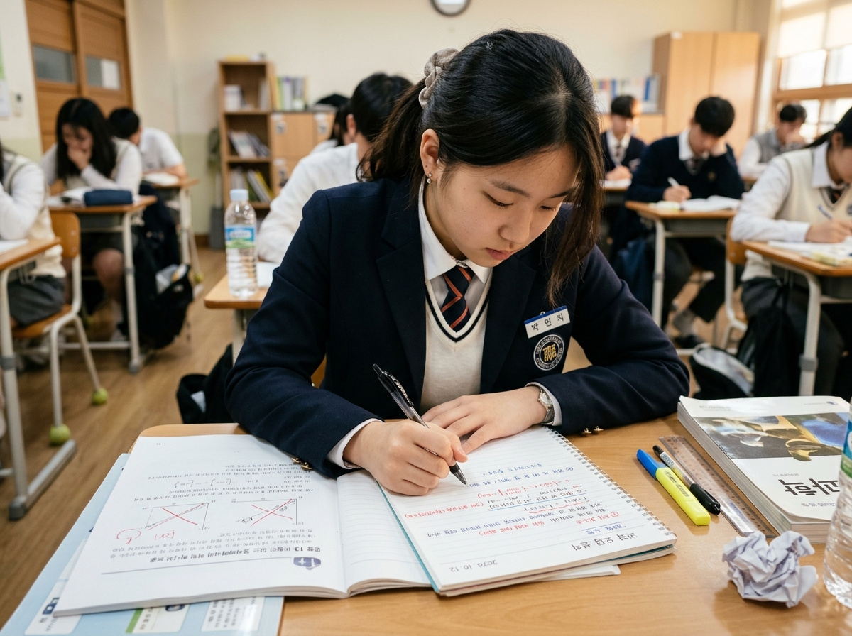 오답 노트를 활용하여 과학 문제 분석하는 학생