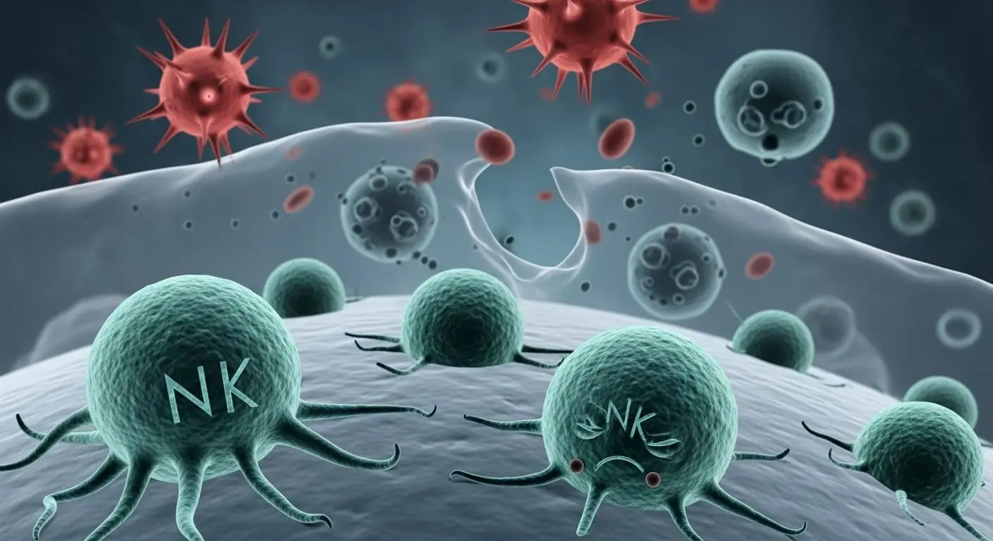 수면 부족으로 인해 자연살해세포(NK 세포)의 활동성이 저하되고 면역 방어막이 약해져 바이러스와 비정상 세포에 취약해지는 모습