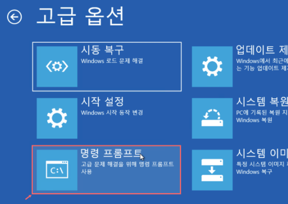 문제해결 > 고급옵션에 들어오면 나오는 명령 프롬프트