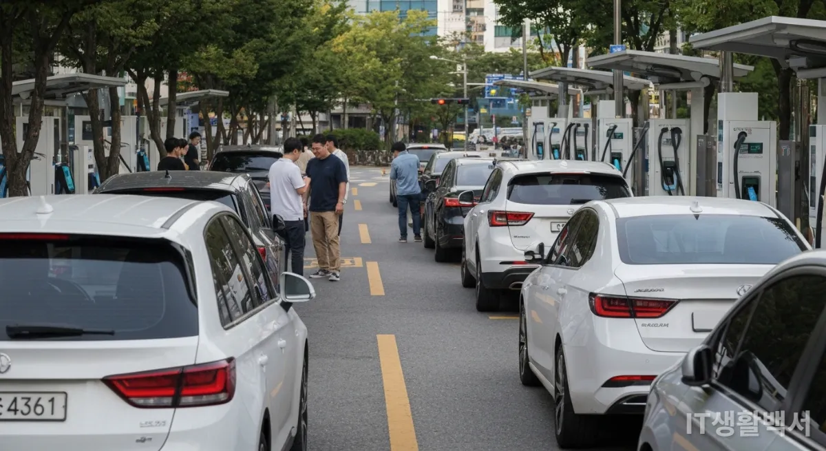 도심 속 전기차 급속 충전소에서 충전을 기다리는 사람들