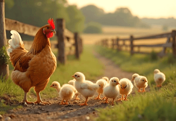 농촌 목장에 갈색 닭과 노란 병아리들이 함께 모여있다.