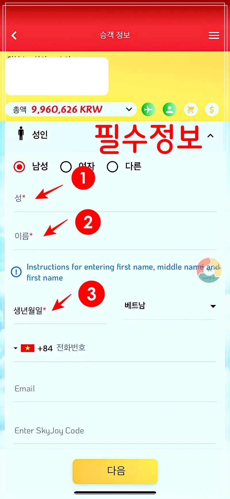 비행기예약_정보입력-여권정보-성-이름-생일-입력