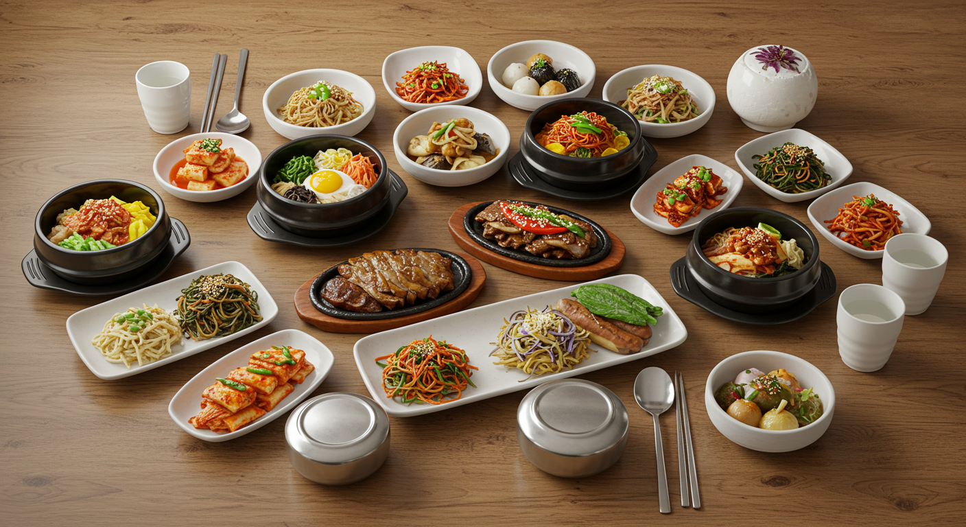 Traditional Korean full table setting with rice, soup, bulgogi, grilled fish, and side dishes ❘ 밥·국·불고기·생선구이·다양한 반찬이 담긴 전통 한상차림