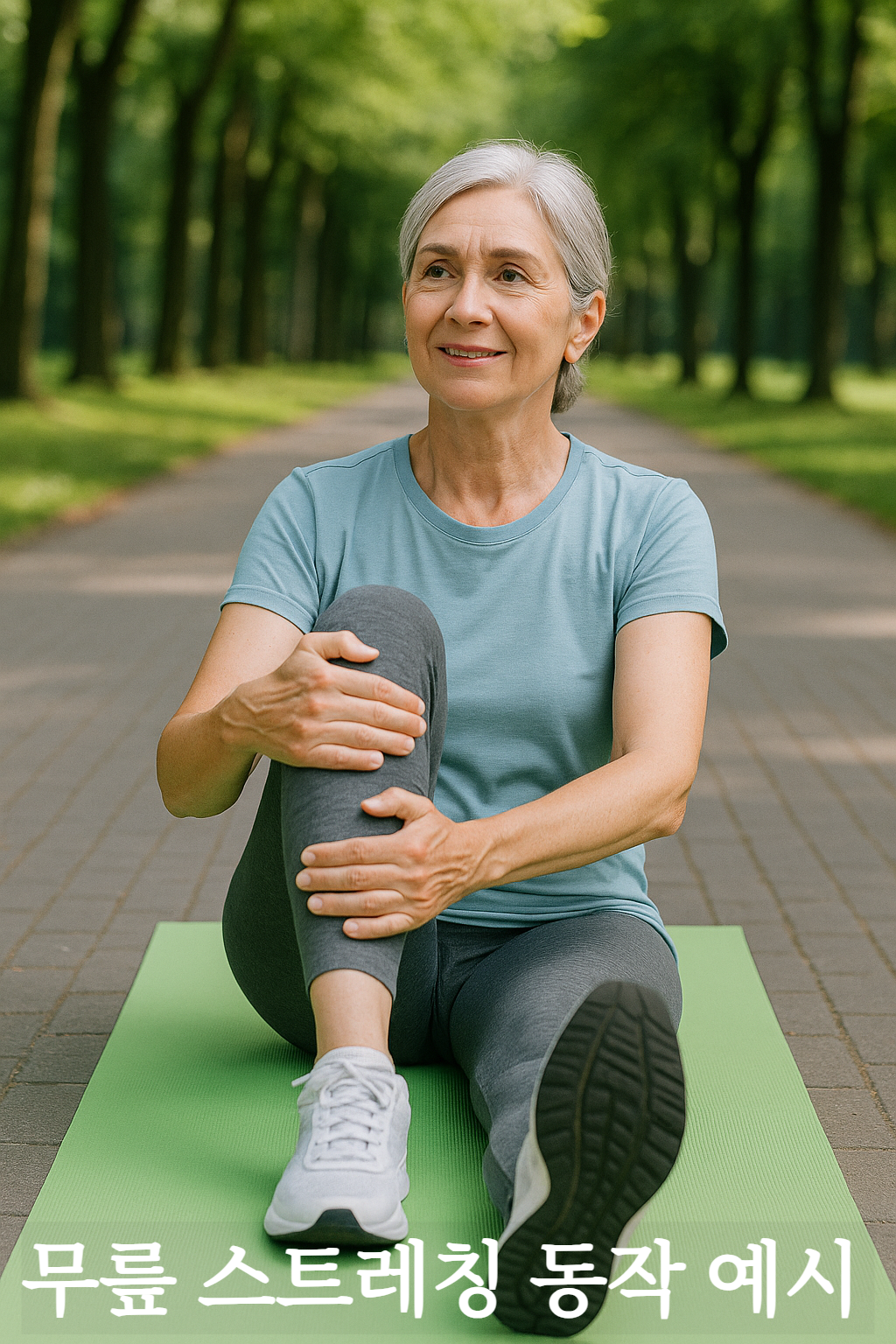 공원 요가 매트에서 무릎을 가슴 쪽으로 당기며 스트레칭 하는 60대 여성