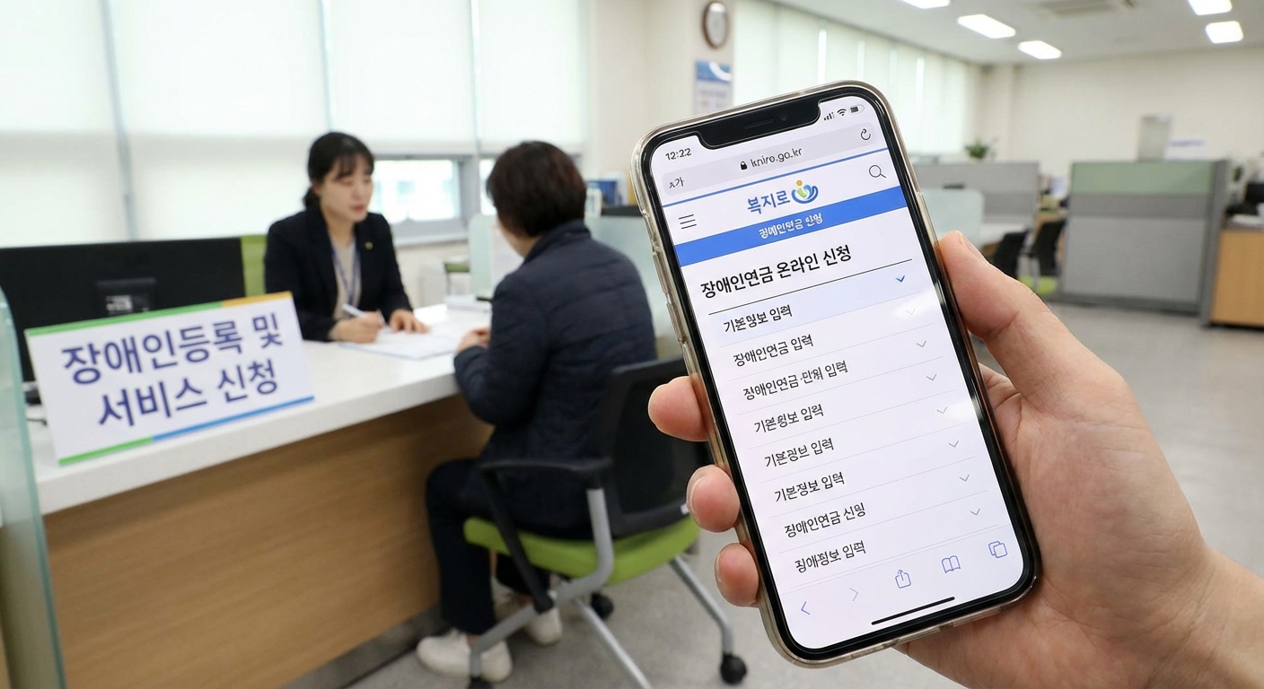 복지로 웹사이트를 통한 온라인 신청 화면과 읍면동 행정복지센터에서 직접 상담하는 모습, 장애인연금 신청 방법 안내.