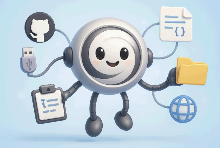 ‘Claude MCP, AI 도구 연결의 핵심’이라는 콘셉트를 표현한 대표 이미지. 이 이미지는 Claude 로고 형태의 AI 캐릭터가 GitHub, 파일, 문서, 클립보드, USB, 지구 아이콘 등을 연결하며 다양한 외부 도구와 통신하는 모습을 유쾌하게 표현하고 있으며, 블로그의 Claude MCP 연동 가이드 주제와 관련된 내용을 시각적으로 설명함 (Claude MCP, AI integration, connector character, automation tools)