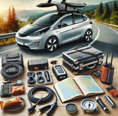 충전 케이블, 타이어 공기압 게이지, 내비게이션 도구, 개인 여행 필수품 등 주요 품목을 포함하여 잘 정리된 포장 장면을 보여줍니다.