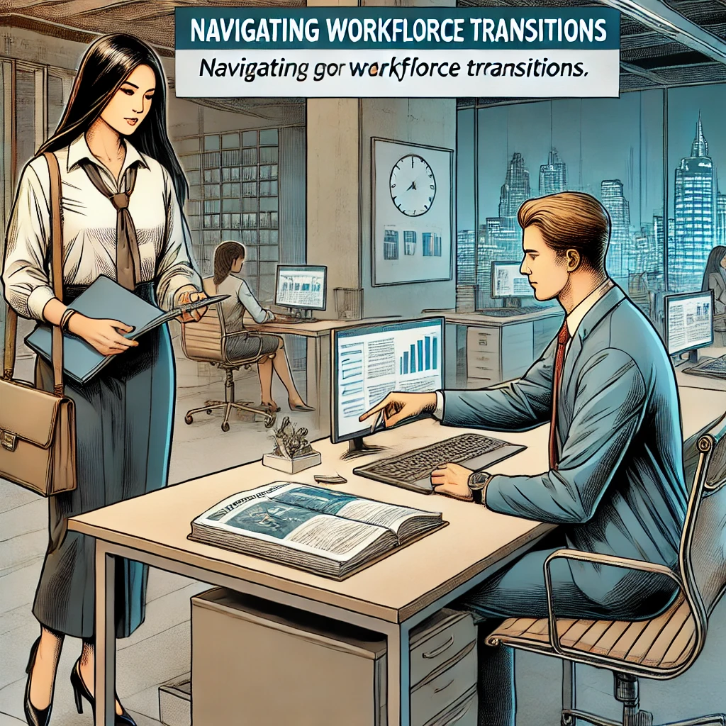 출산휴가 전 업무를 대체인력에게 인수인계하는 여성과 남성