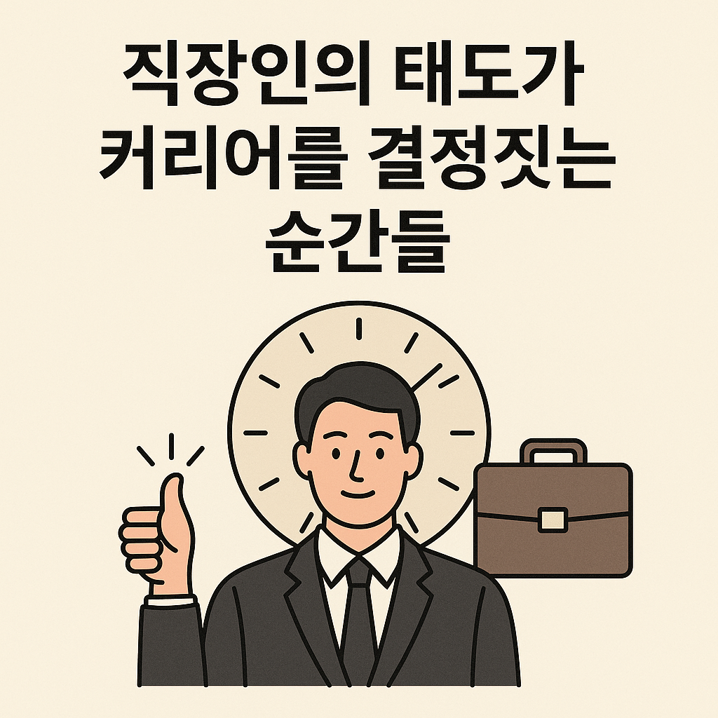 정장을 입은 직장인이 시계를 배경으로 엄지를 들고 서 있는 모습과 서류가방 아이콘이 함께 배치된 일러스트. 상단에는 '직장인의 태도가 커리어를 결정짓는 순간들'이라는 문구가 쓰여 있다.