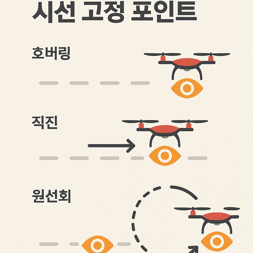 드론 실기 코스와 시선 고정 포인트 인포그래픽(호버링&middot;직진&middot;원선회)