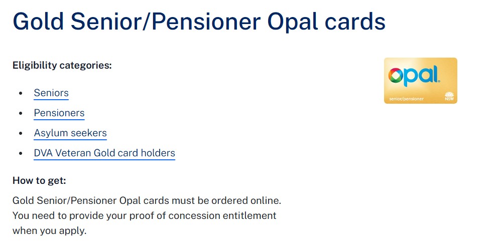 시드니의 시니어(노인)교통카드 &ndash; Opal Gold Card