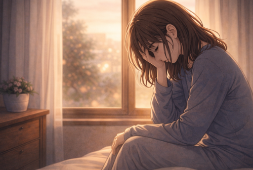 피곤한 인물이 햇살이 비치는 창가에서 고개를 숙이고 침대에 앉아있는 모습