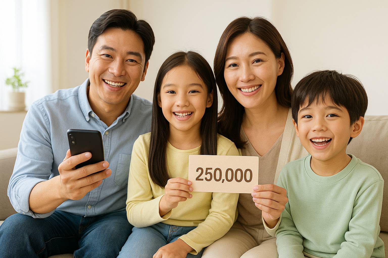 전국민 민생지원금 25만원을 받은 한국인 4인 가족의 행복한 모습