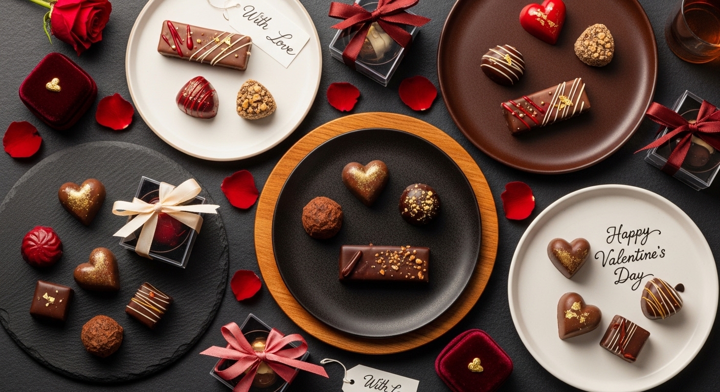발렌타인데이 선물용 프리미엄 수제 초콜릿 브랜드의 다양한 플레이팅 이미지