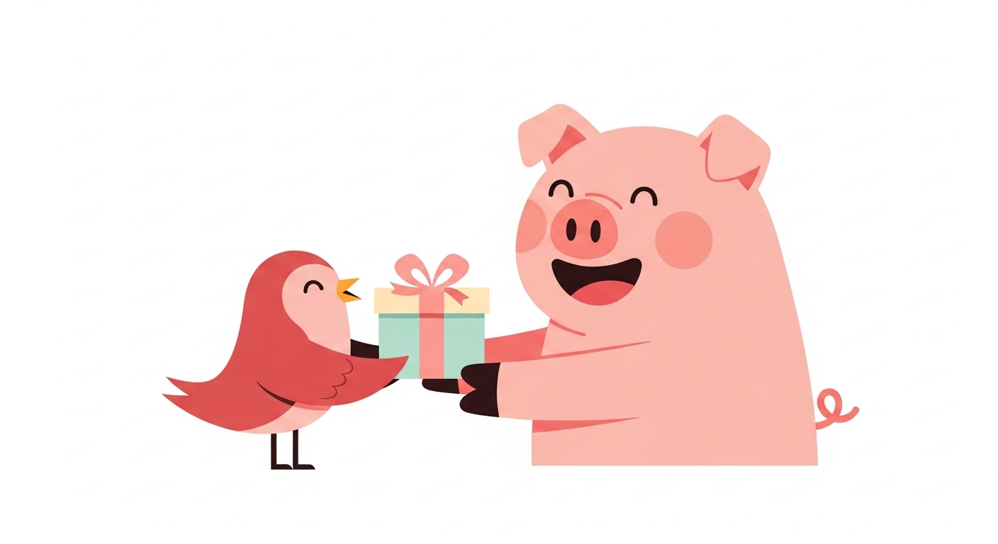 새에게 선물 상자를 받고 행복하게 미소 지으며 따뜻한 보살핌에 감사하는 돼지 캐릭터 일러스트