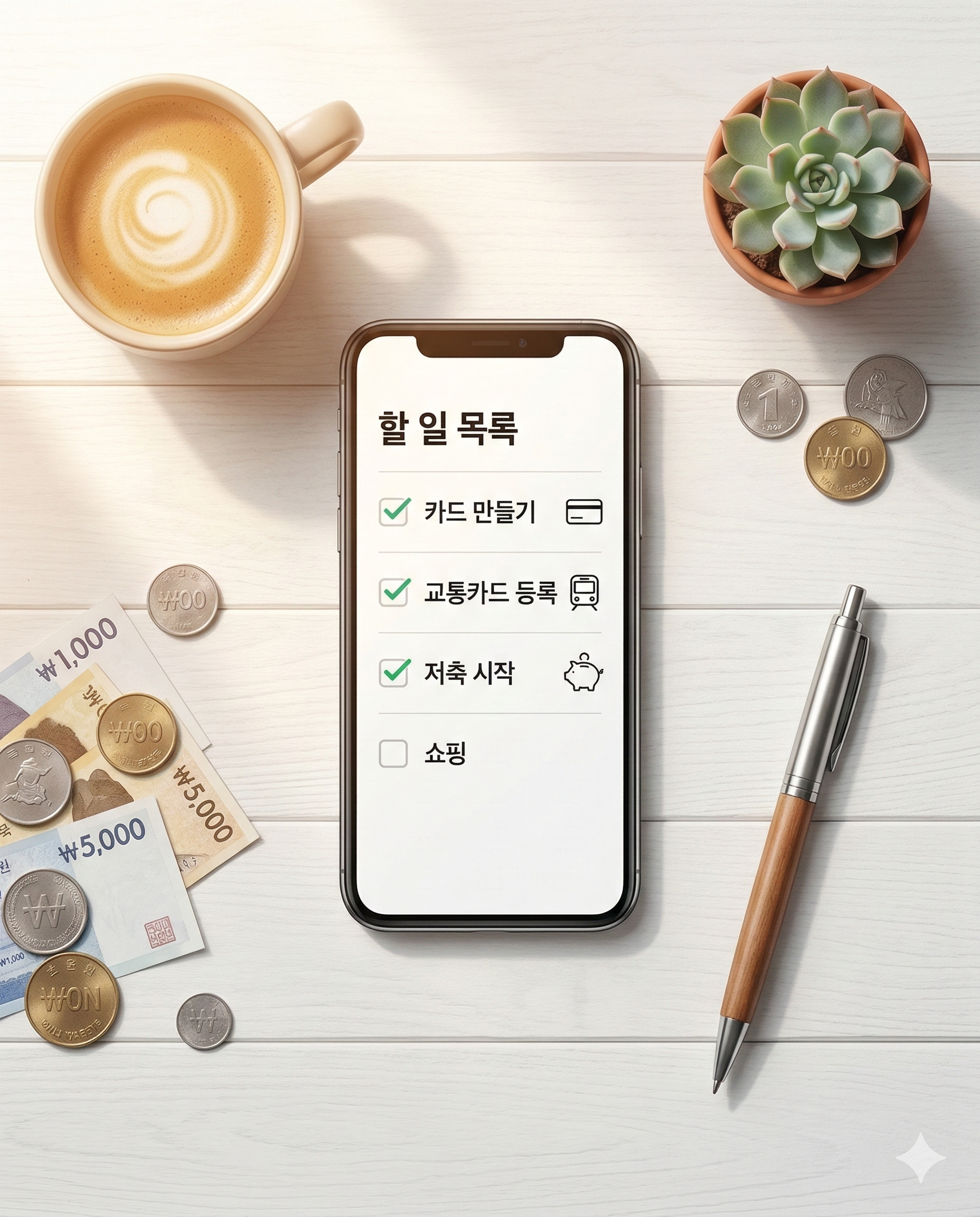 생활비 절약 체크리스트 앱이 표시된 스마트폰 플랫레이