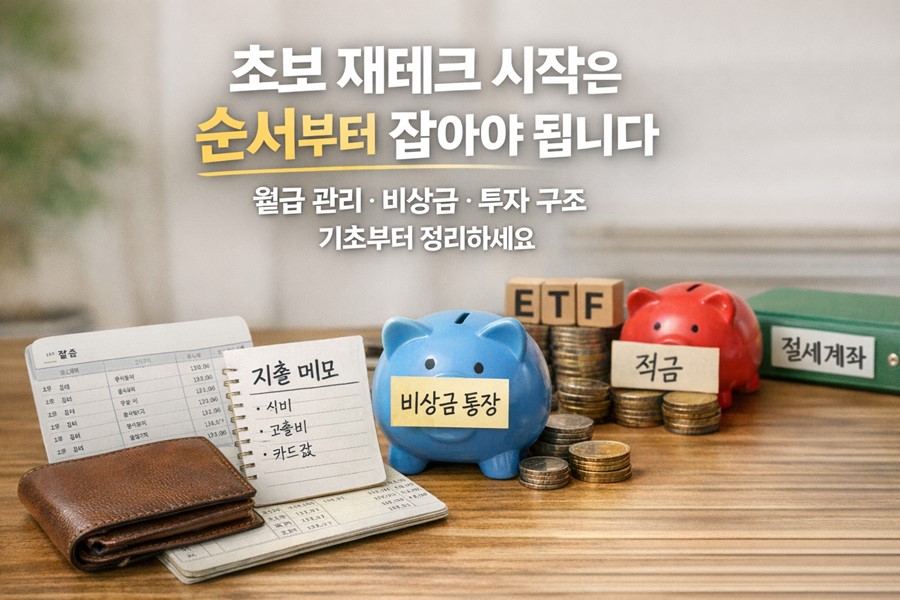월급 통장과 지출 메모, 비상금 통장, ETF와 적금, 절세계좌가 단계별로 나뉘어 보이며 초보 재테크는 순서가 중요하다는 점을 보여주는 이미지