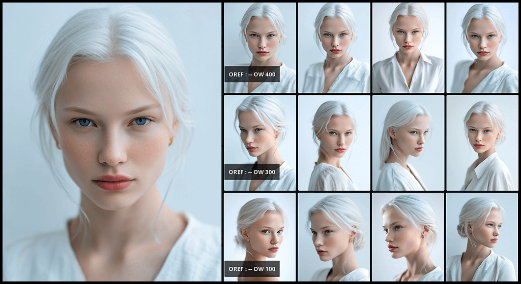 Midjourney OREF 기능, Omni Weight(--ow) 100, 300, 400 수치별 인물 외형, 포즈, 헤어의 일관성 및 프롬프트 반영 정도를 비교한 실험 결과 이미지_Midjourney