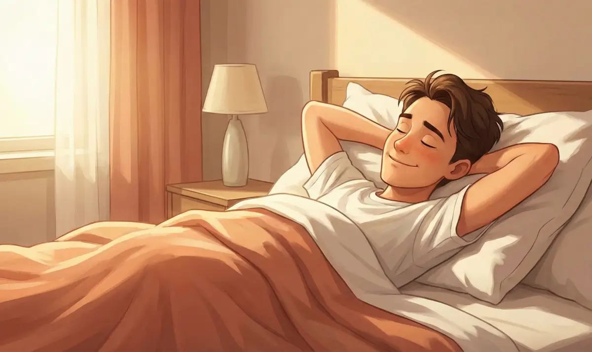 편안한 침대에서 개운하고 행복한 표정으로 깨어나는 모습은 당신이 심리적인 안정을 되찾고 마음의 평화를 얻게 될 것임을 의미하는 긍정적인 신호입니다.