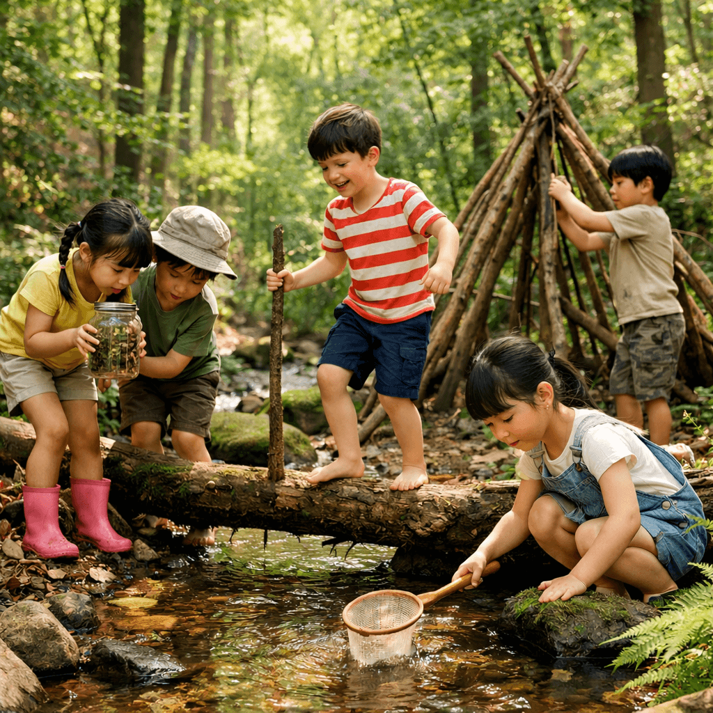 숲놀이를 통해 탐구 기반 학습을 하는 아이들