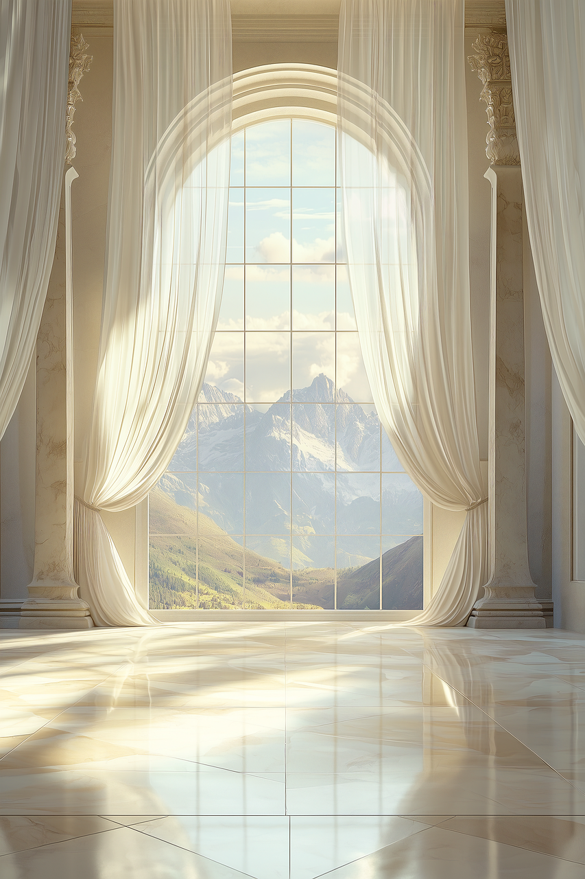 대리석 바닥과 큰 아치형 창문