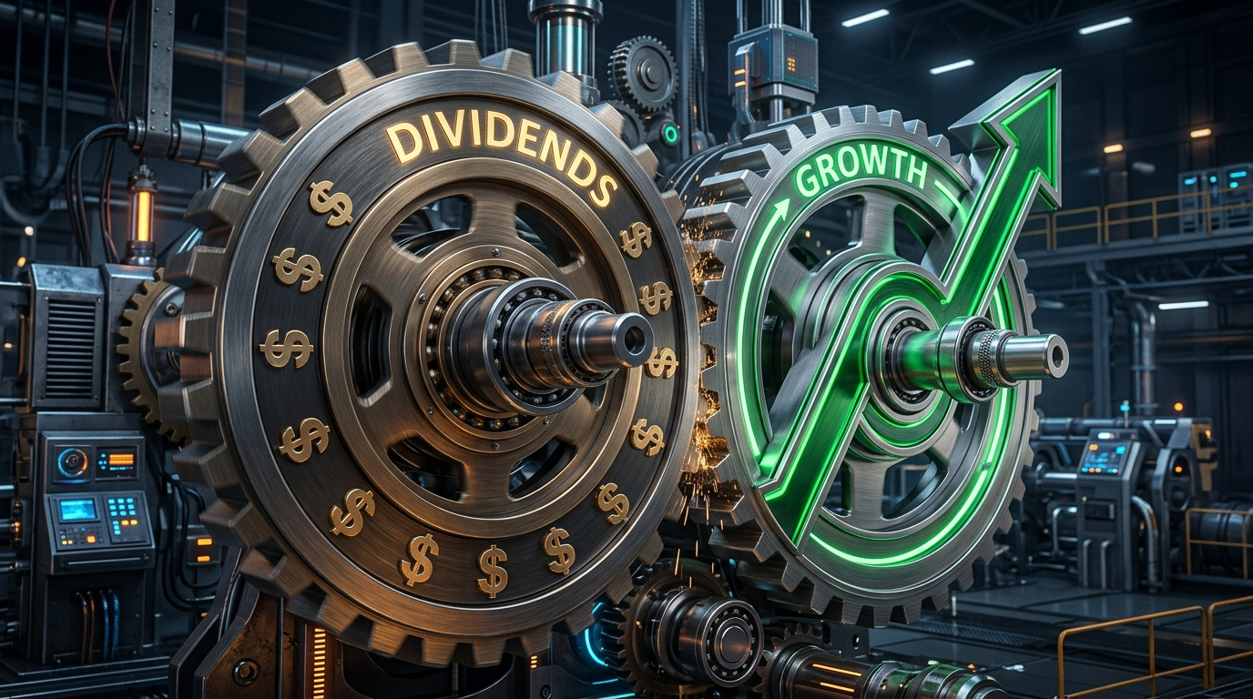 배당금 봉투와 성장 화살표가 서로 맞물려 톱니바퀴처럼 돌아가는 시각적 그래픽