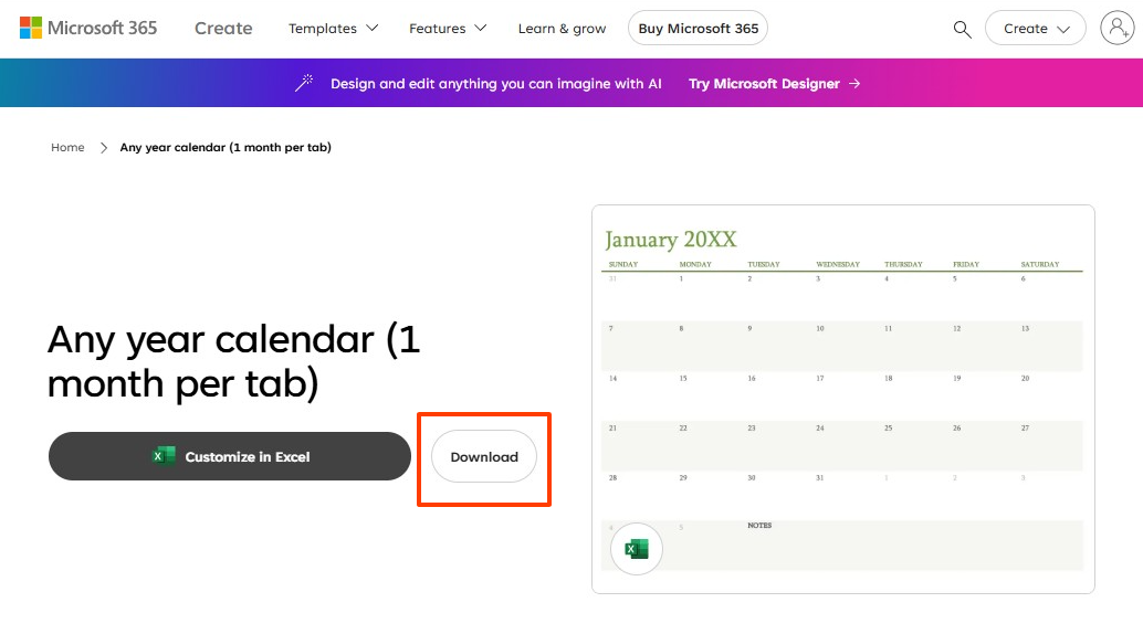 2025년 영문 엑셀 달력