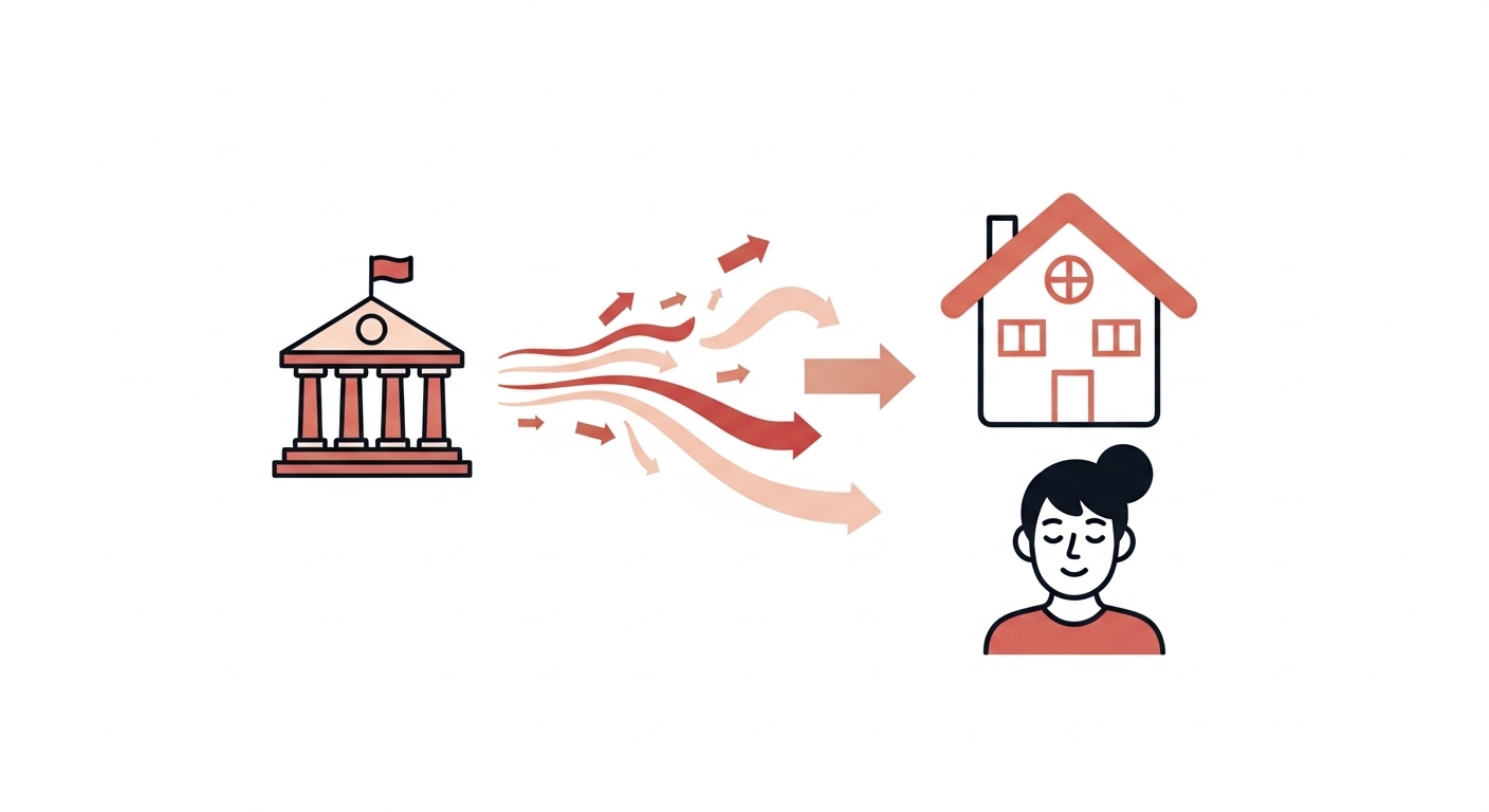 정부 건물에서 집으로 주거급여가 전달되는 모습을 추상적으로 표현한 이미지. 청년의 주거 안정과 재정적 지원을 상징합니다.