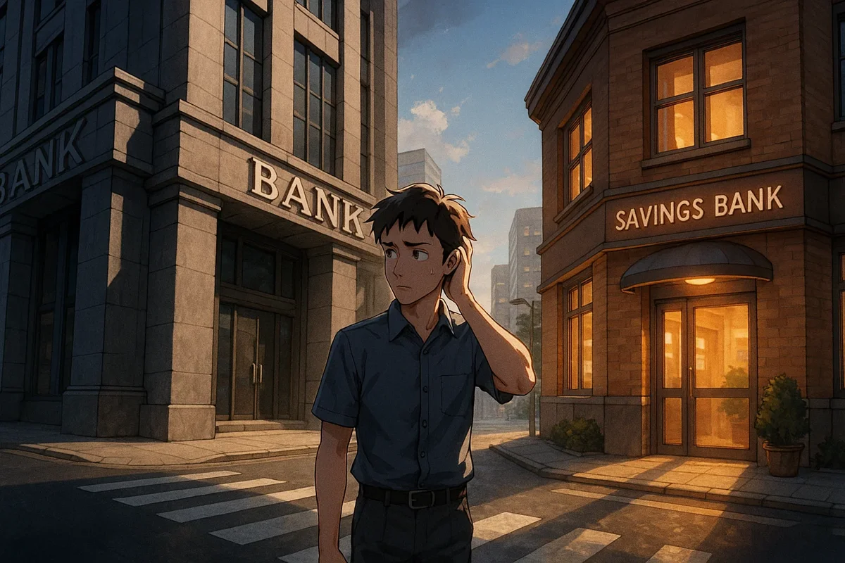 1금융권 은행과 2금융권 저축은행 건물이 나란히 있고, 그 사이에서 한 사람이 어디로 가야 할지 고민하는 모습을 표현한 일러스트