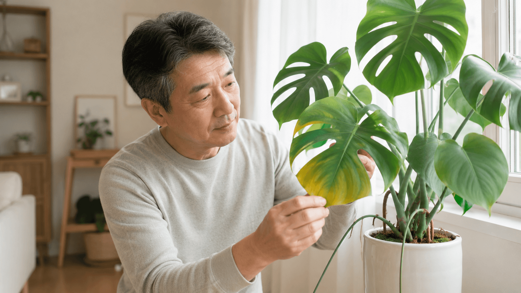 몬스테라 잎 노란색 확인 기준을 설명하는 한국 가정의 실내 식물 관리 장면