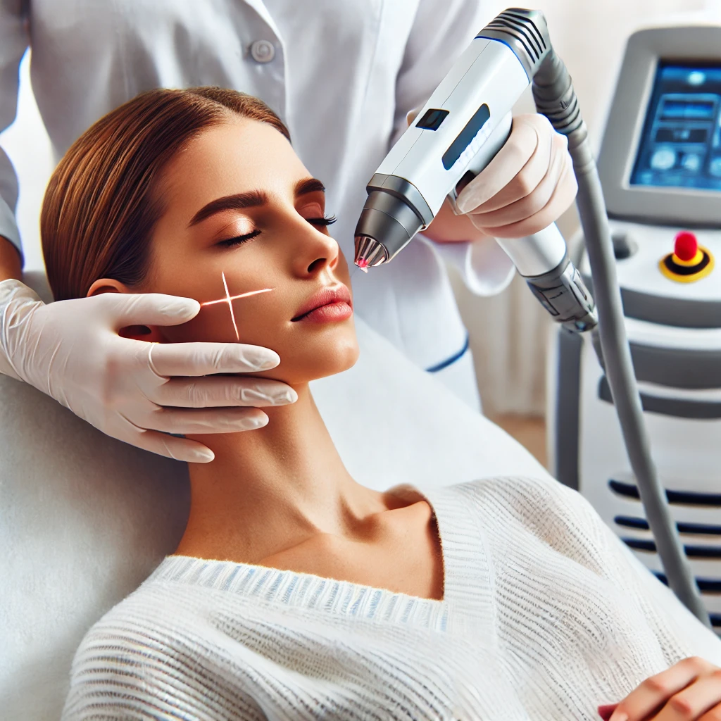 피부과에서 레이저 시술을 받고 있는 환자, 주름 및 피부 문제를 해결하기 위해 정확한 레이저 장비를 사용하는 장면