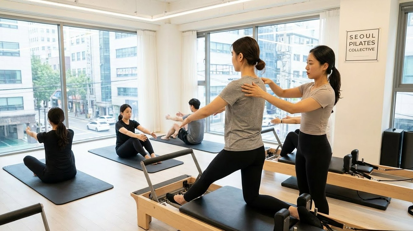 여러명이서 필라테스하며 자세 교정하는 이미지
