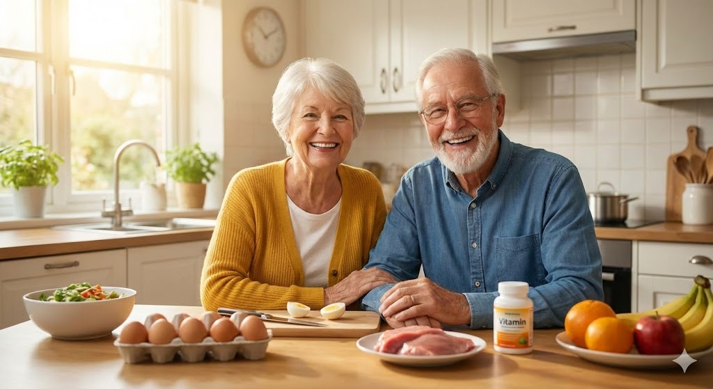 치매 예방을 위해 비타민 B12를 섭취하는 건강한 노년 생활 이미지