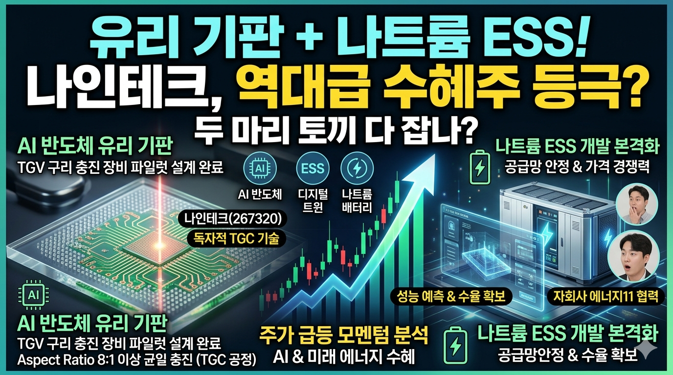 나인테크의 주가 전망을 시각화한 이미지. 왼쪽에는 반도체 유리 기판의 미세한 구멍(TGV)에 구리가 완벽하게 채워지는 공정 기술(TGC)이 묘사되어 있고, 오른쪽에는 자회사 에너지11과 함께 개발 중인 미래형 나트륨 ESS 배터리 시스템이 디지털 트윈 기술과 결합된 모습이 보인다. 중앙에는 우상향하는 주가 그래프와 함께 'AI 반도체 유리 기판', '나트륨 ESS', '주가 상승 모멘텀 분석' 텍스트가 강조되어 있다.