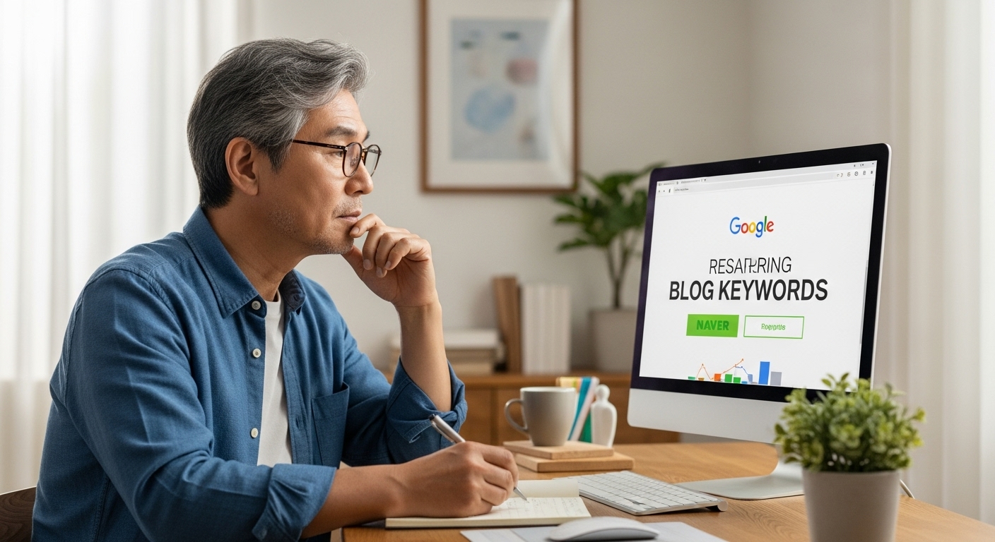 블로그 키워드를 정리 중인 시니어 남성