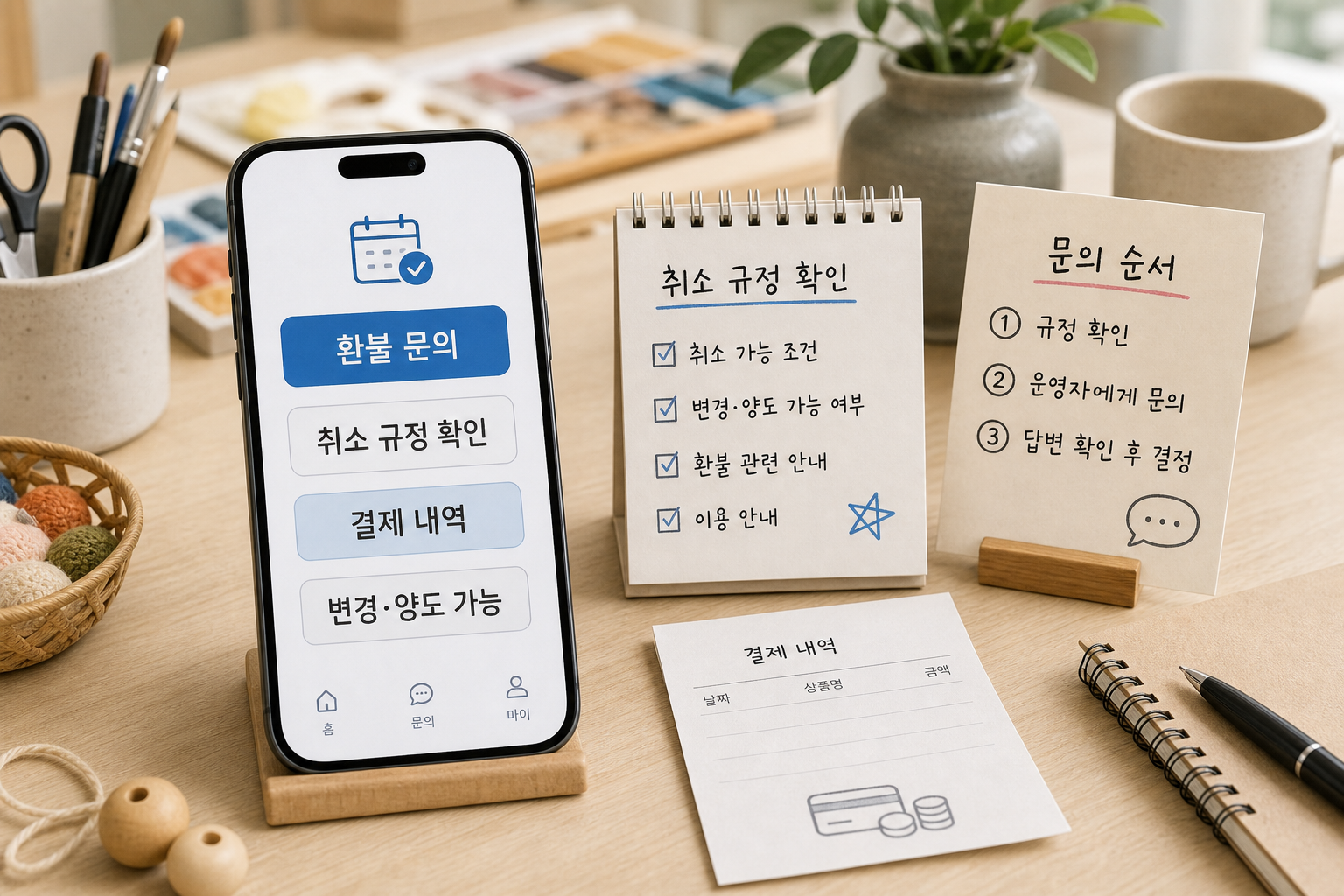 체험 클래스 예약 환불 문의 화면, 취소 규정 확인, 결제 내역, 변경 양도 가능 여부를 함께 보여주는 대표 이미지
