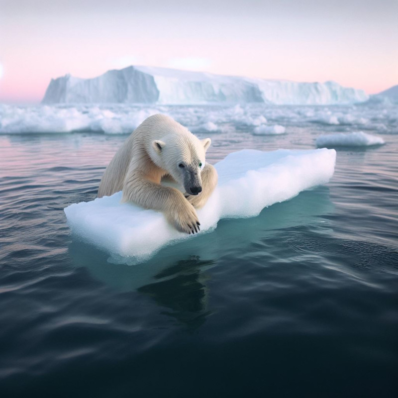 지구온나화로 인하여 녹아버린 작은 빙판에 기대어 바다에 떠 있는 북극곰
