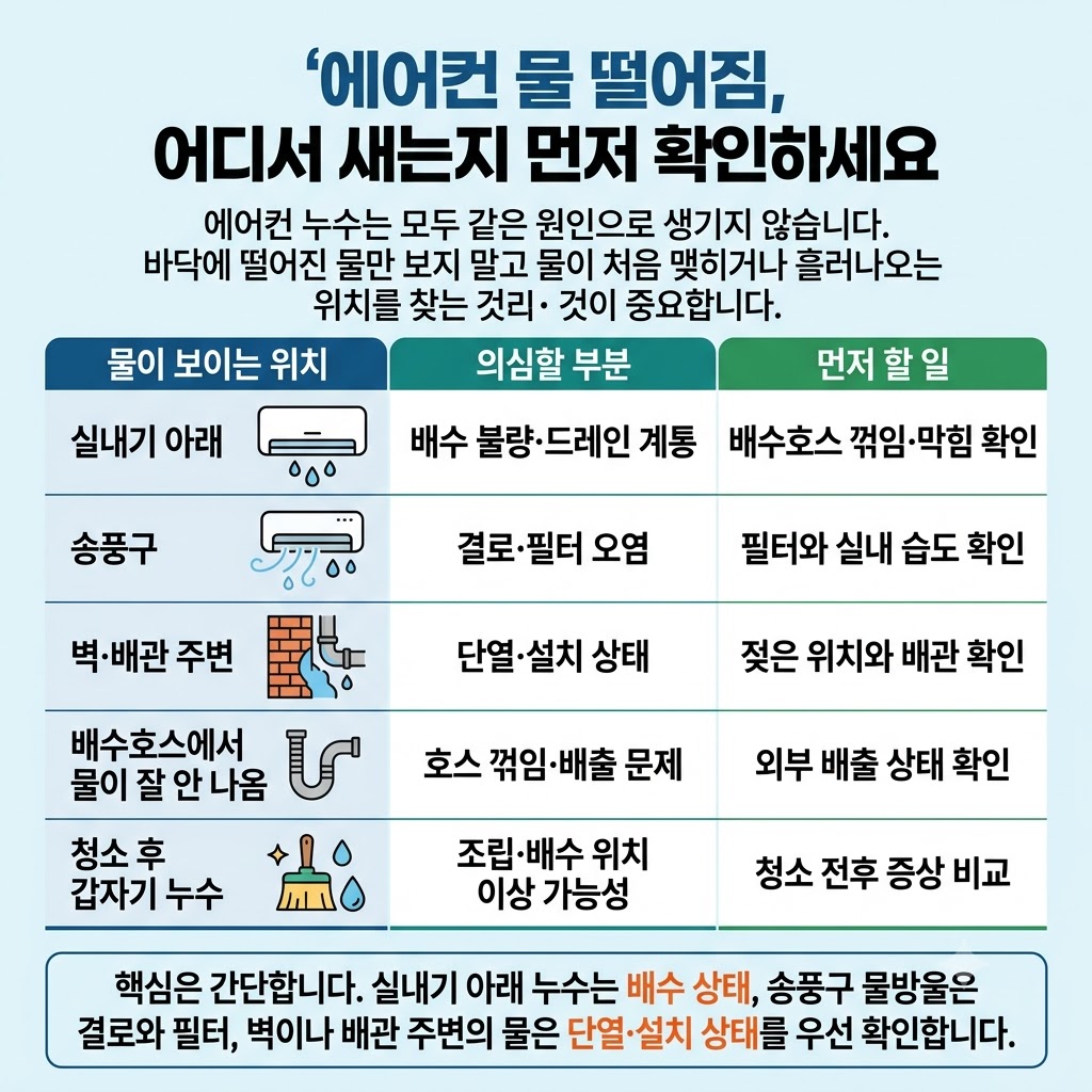 에어컨 물 떨어지는 위치별 원인