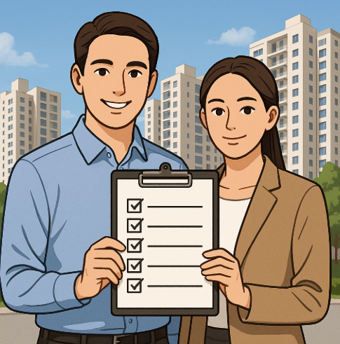 체크리스트 들고 아파트 단지를 배경으로 서 있는 남녀캐릭터