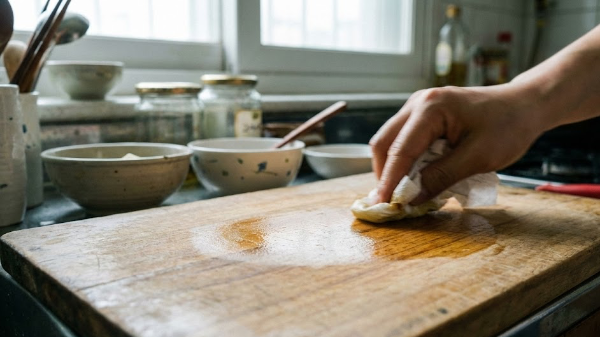 나무도마에 오일링을 하는 사진