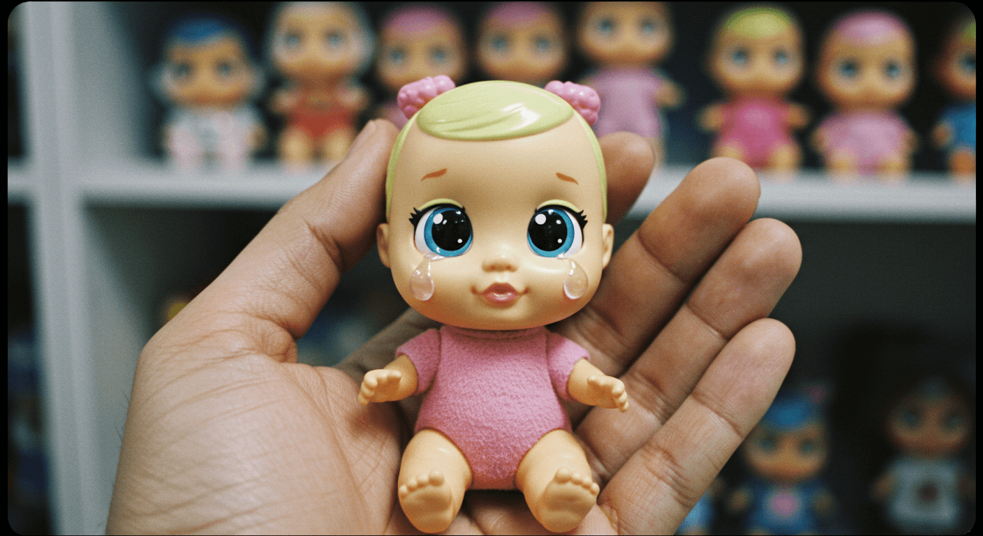 성인 콜렉터가 크라이베이비 인형을 전시 선반에 정리하는 장면 3